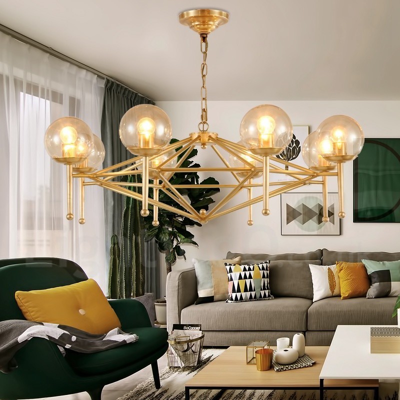 6 Light Retro Rustic Luxury Brass Pendant Lamp Chandelier with Glass Shade