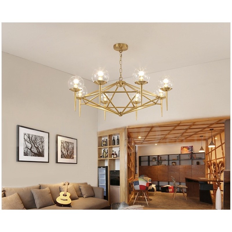 6 Light Retro Rustic Luxury Brass Pendant Lamp Chandelier with Glass Shade