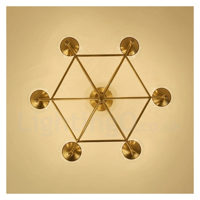 6 Light Retro Rustic Luxury Brass Pendant Lamp Chandelier with Glass Shade