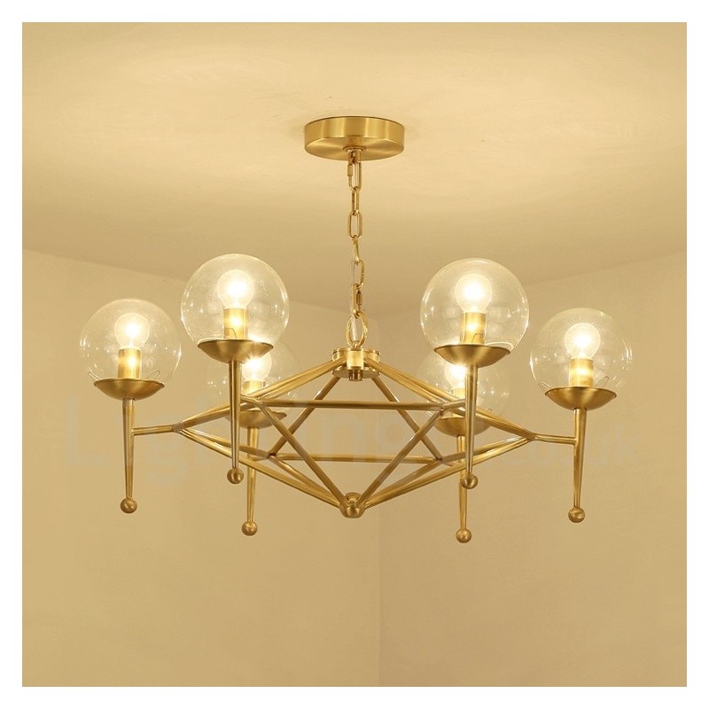 6 Light Retro Rustic Luxury Brass Pendant Lamp Chandelier with Glass Shade