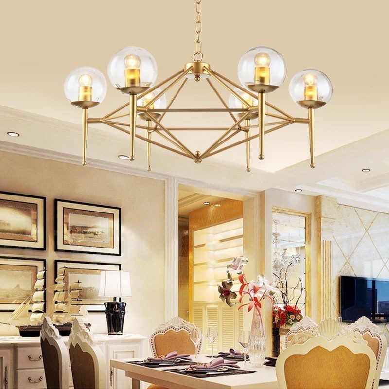 6 Light Retro Rustic Luxury Brass Pendant Lamp Chandelier with Glass Shade