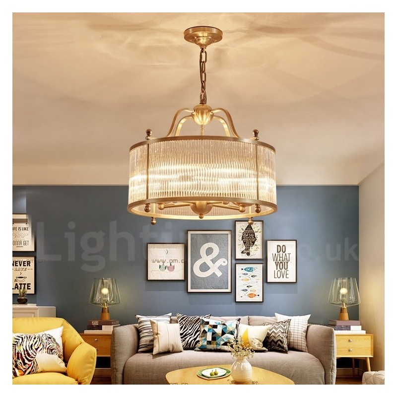5 Light Retro Rustic Luxury Brass Pendant Lamp Chandelier with Glass Shade