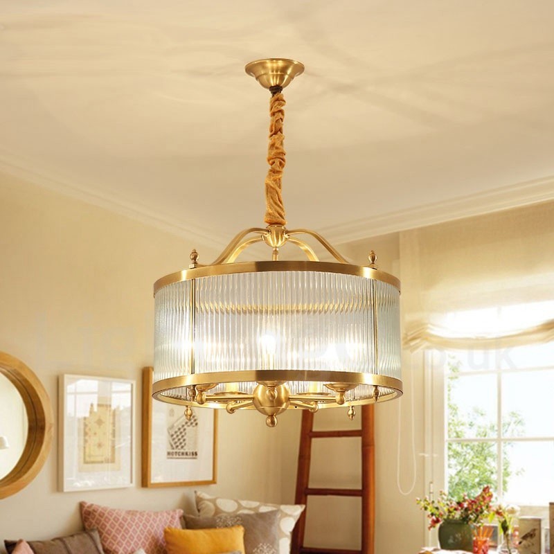 5 Light Retro Rustic Luxury Brass Pendant Lamp Chandelier with Glass Shade