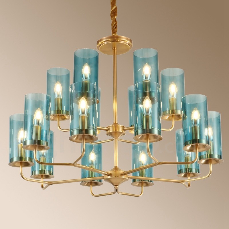 16 Light Retro Rustic Luxury Brass Pendant Lamp Chandelier with Glass Shade