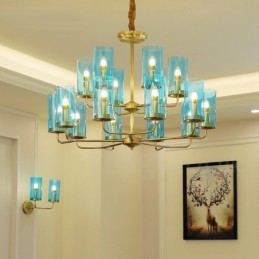 16 Light Retro Rustic Luxury Brass Pendant Lamp Chandelier with Glass Shade
