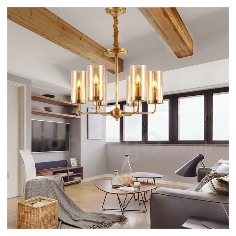 6 Light Retro Rustic Luxury Brass Pendant Lamp Chandelier with Glass Shade