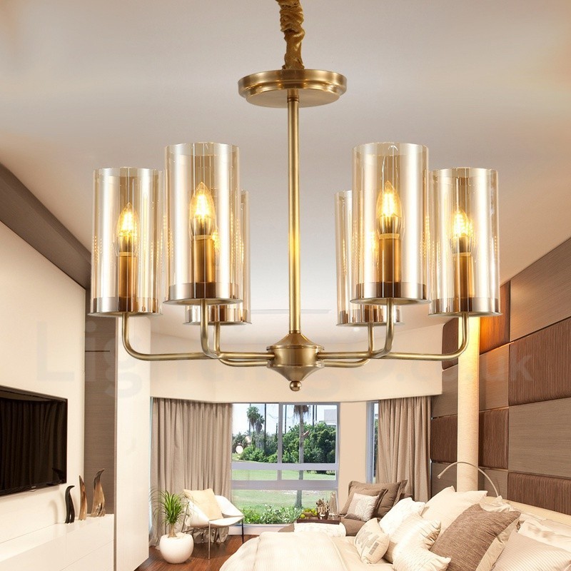 6 Light Retro Rustic Luxury Brass Pendant Lamp Chandelier with Glass Shade