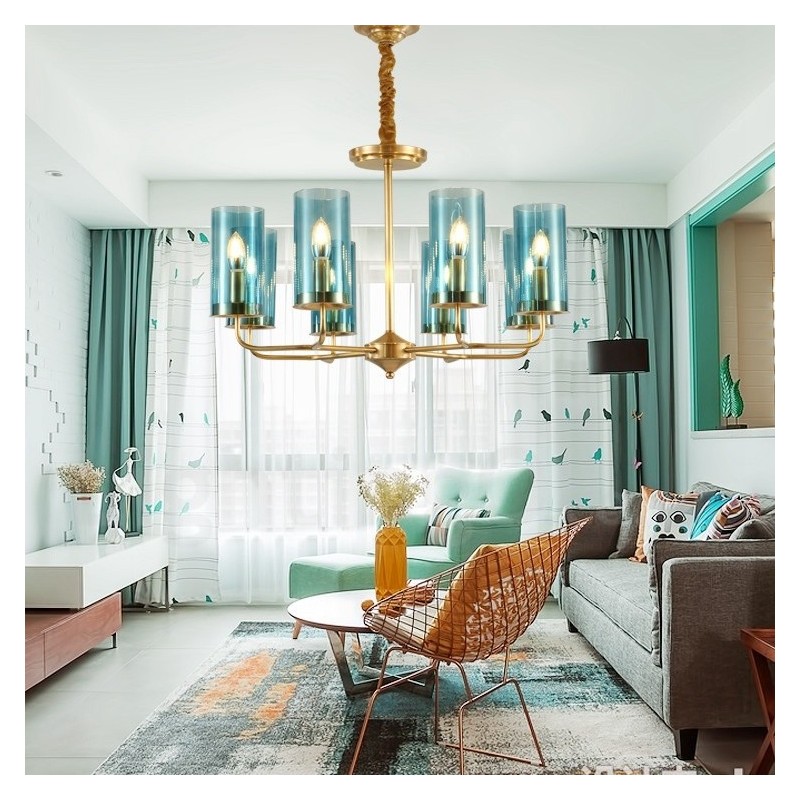 8 Light Retro Rustic Luxury Brass Pendant Lamp Chandelier with Glass Shade