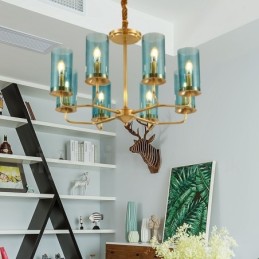 8 Light Retro Rustic Luxury Brass Pendant Lamp Chandelier with Glass Shade