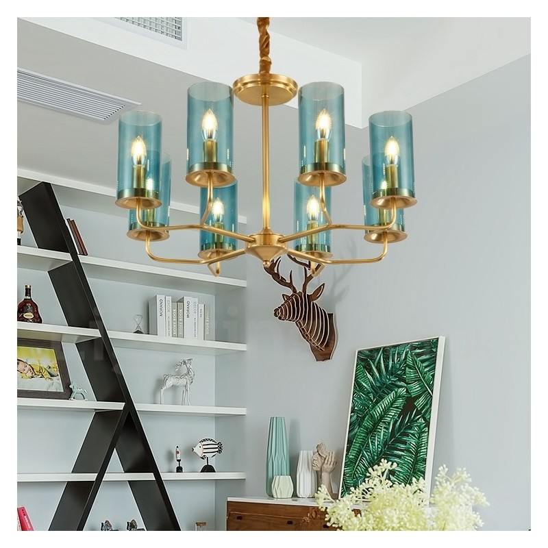 8 Light Retro Rustic Luxury Brass Pendant Lamp Chandelier with Glass Shade