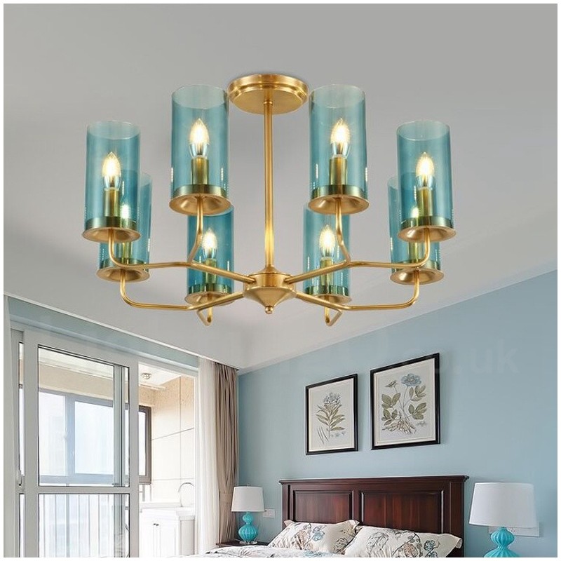 8 Light Retro Rustic Luxury Brass Pendant Lamp Chandelier with Glass Shade