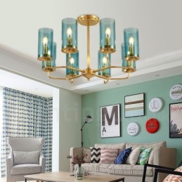 8 Light Retro Rustic Luxury Brass Pendant Lamp Chandelier with Glass Shade