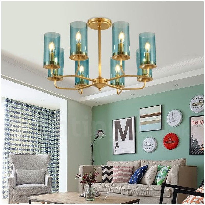 8 Light Retro Rustic Luxury Brass Pendant Lamp Chandelier with Glass Shade