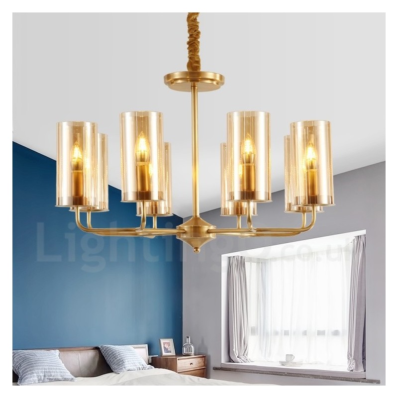 8 Light Retro Rustic Luxury Brass Pendant Lamp Chandelier with Glass Shade