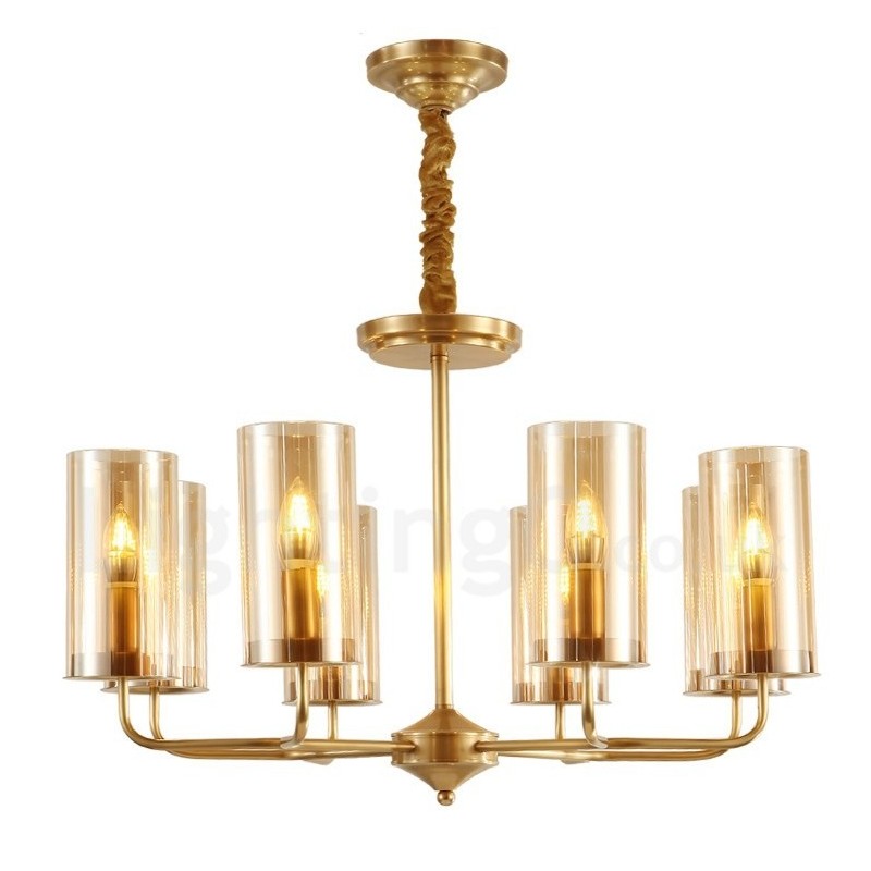 8 Light Retro Rustic Luxury Brass Pendant Lamp Chandelier with Glass Shade