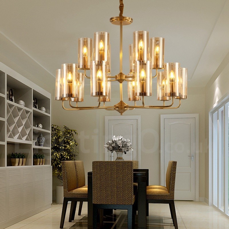 16 Light Retro Rustic Luxury Brass Pendant Lamp Chandelier with Glass Shade