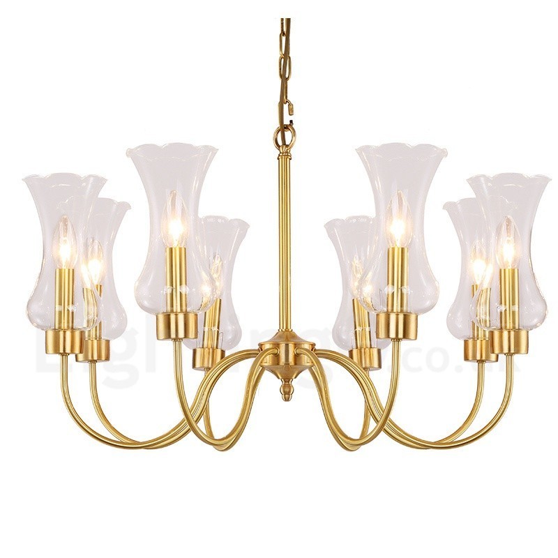 8 Light Retro Rustic Luxury Brass Pendant Lamp Chandelier with Glass Shade