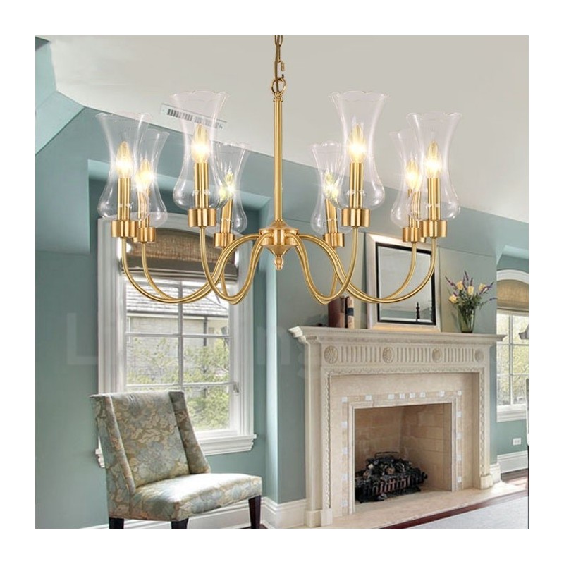 8 Light Retro Rustic Luxury Brass Pendant Lamp Chandelier with Glass Shade