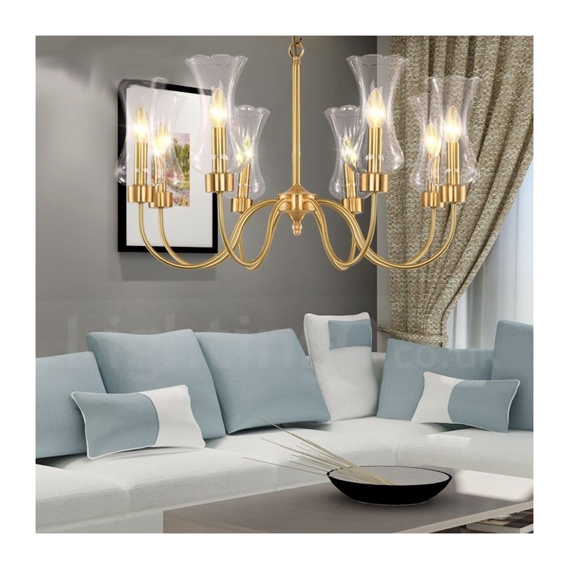 8 Light Retro Rustic Luxury Brass Pendant Lamp Chandelier with Glass Shade