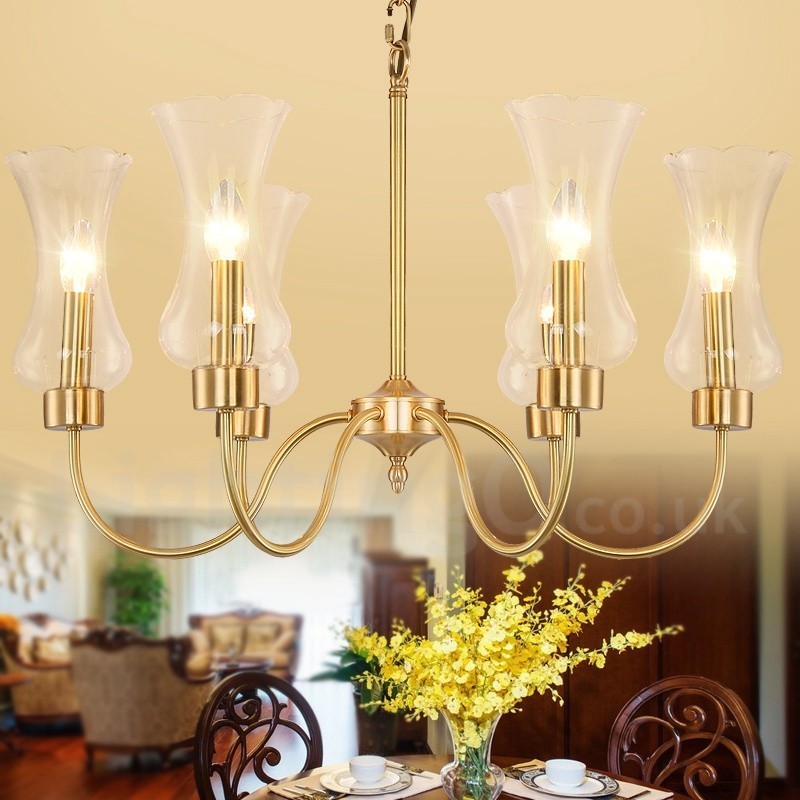 6 Light Retro Rustic Luxury Brass Pendant Lamp Chandelier with Glass Shade