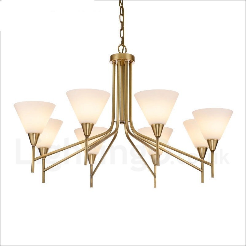 8 Light Retro Rustic Luxury Brass Pendant Lamp Chandelier with Glass Shade