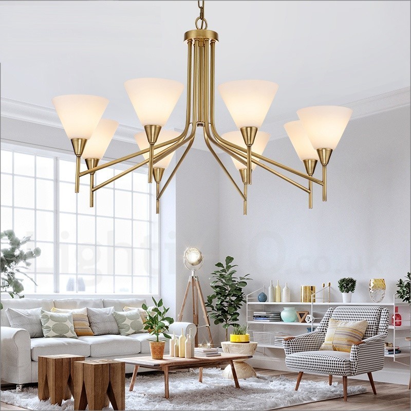 8 Light Retro Rustic Luxury Brass Pendant Lamp Chandelier with Glass Shade