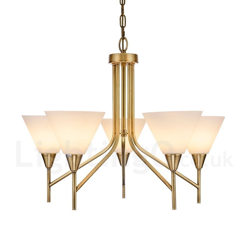 5 Light Retro Rustic Luxury Brass Pendant Lamp Chandelier with Glass Shade