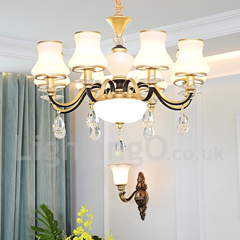 8 Light Retro Rustic Luxury Crystal Pendant Lamp Chandelier with Glass Shade