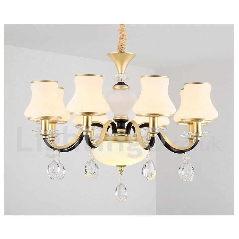 8 Light Retro Rustic Luxury Crystal Pendant Lamp Chandelier with Glass Shade
