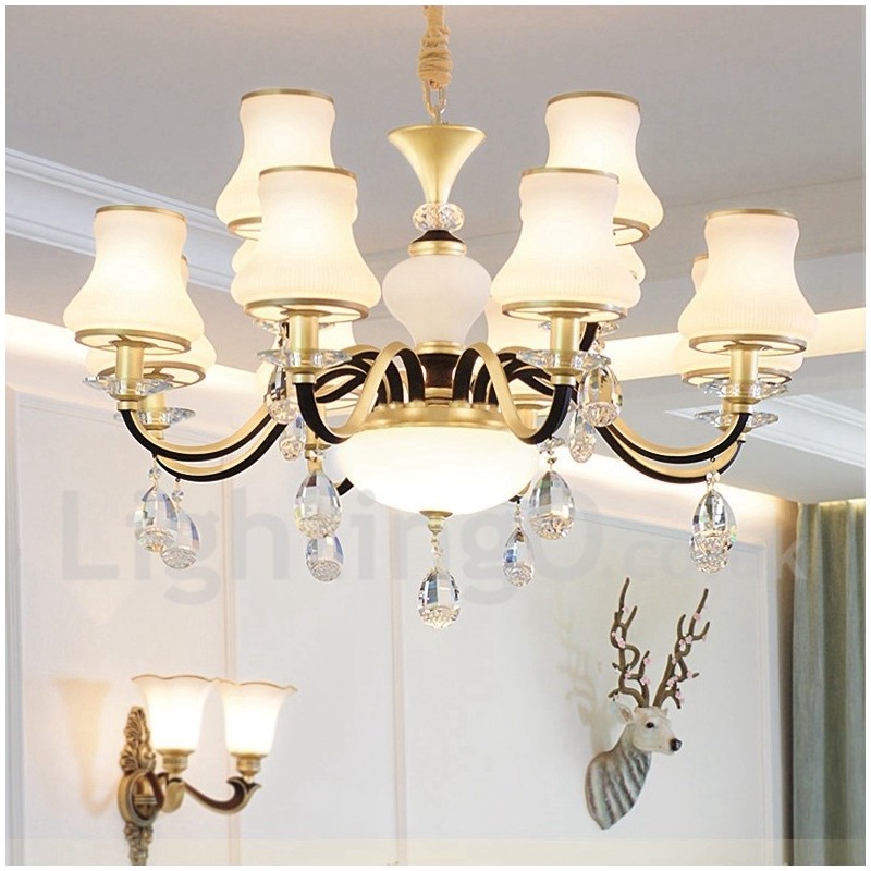12 Light Retro Rustic Luxury Crystal Pendant Lamp Chandelier with Glass Shade