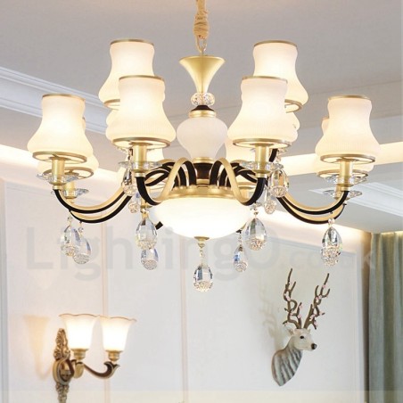 12 Light Retro Rustic Luxury Crystal Pendant Lamp Chandelier with Glass Shade