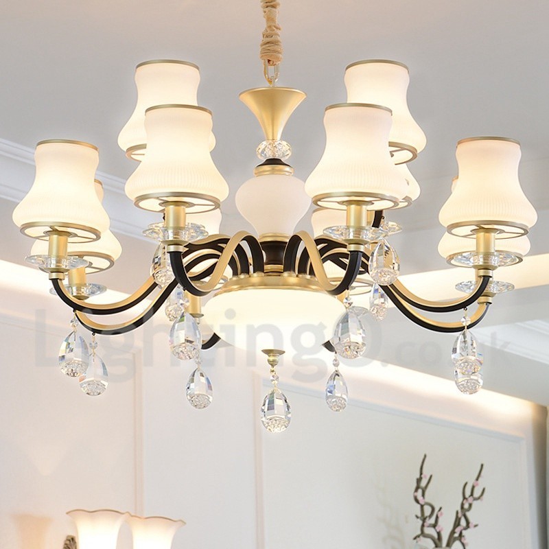 12 Light Retro Rustic Luxury Crystal Pendant Lamp Chandelier with Glass Shade
