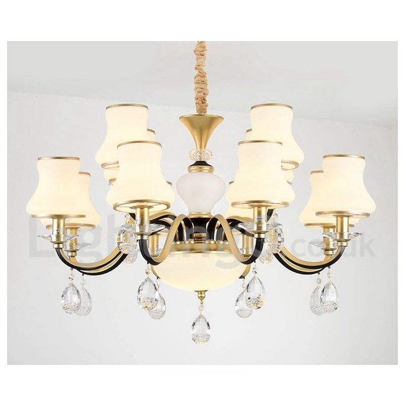 12 Light Retro Rustic Luxury Crystal Pendant Lamp Chandelier with Glass Shade