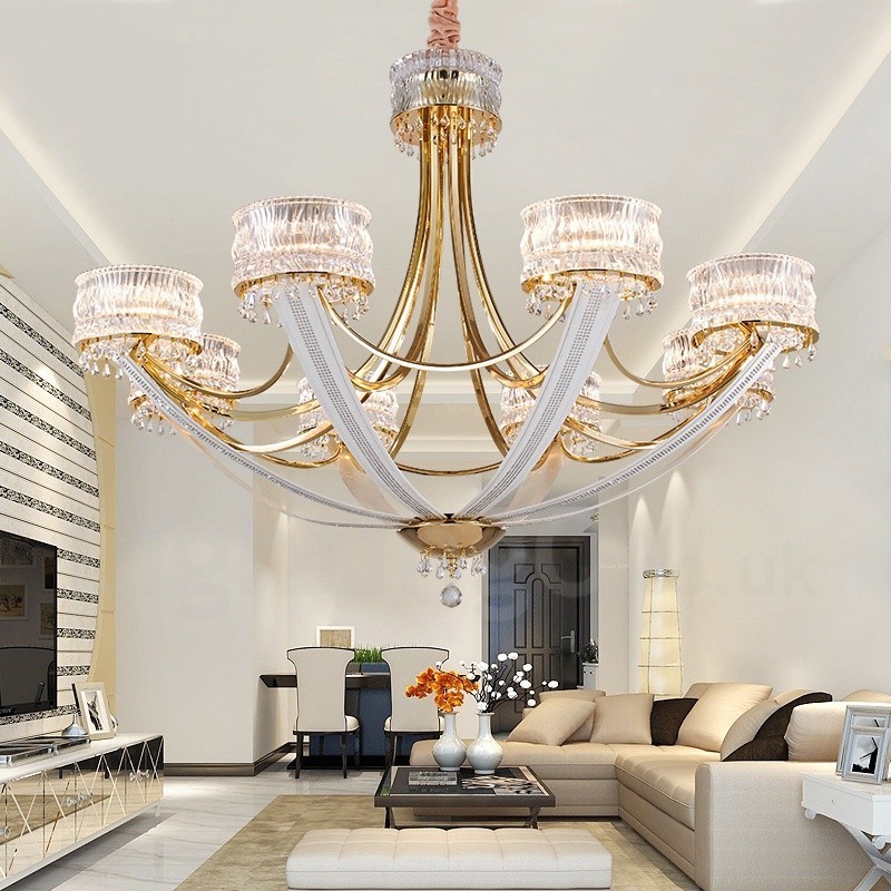 Modern Contemporary 8 Light Steel Chandelier with Crystal Shade
