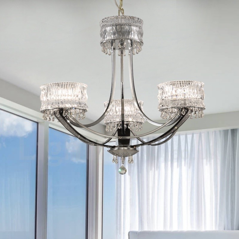 Modern Contemporary 3 Light Steel Chandelier with Crystal Shade