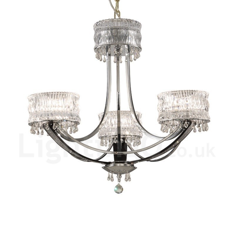 Modern Contemporary 3 Light Steel Chandelier with Crystal Shade
