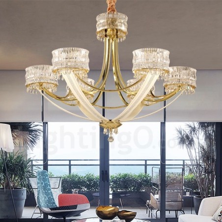 Modern Contemporary 6 Light Steel Chandelier with Crystal Shade