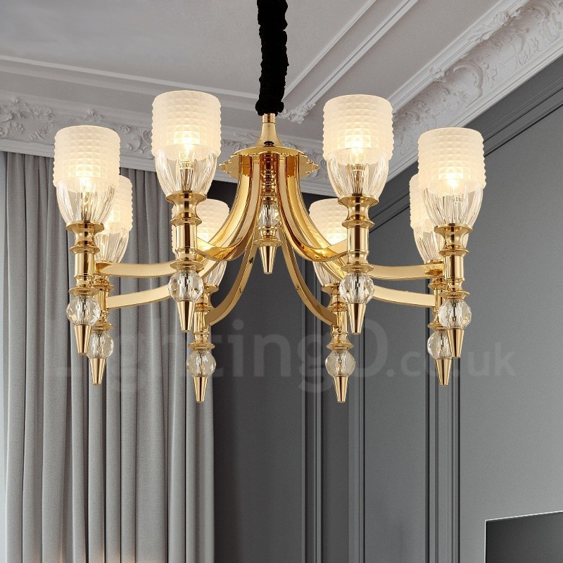 Mediterranean 8 Light Steel Chandelier with Glass Shade