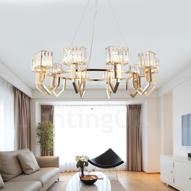 Modern Contemporary 10 Light Steel Pendant Light with Crystal Shade