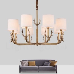 Rustic Lodge 8 Light Brass Chandelier with Fabric Shade