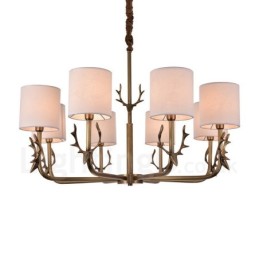 Rustic Lodge 8 Light Brass Chandelier with Fabric Shade