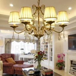 Rustic Lodge 8 Light Crystal Steel Chandelier with Fabric Shade