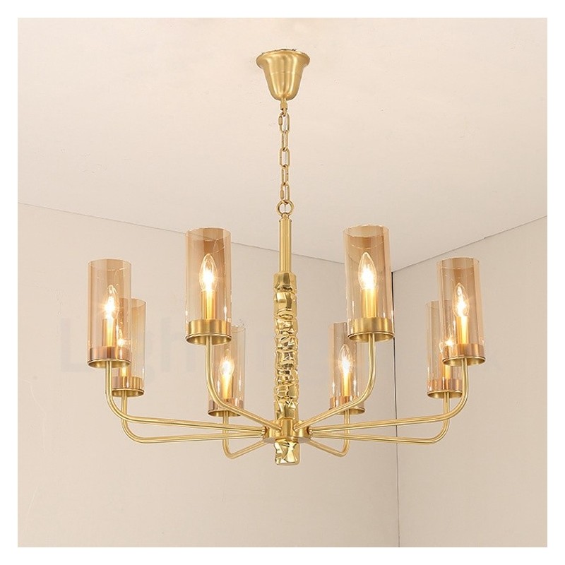 Modern Contemporary 8 Light Brass Chandelier with Glass Shade