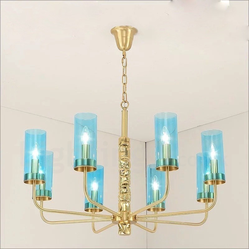 Modern Contemporary 8 Light Brass Chandelier with Glass Shade