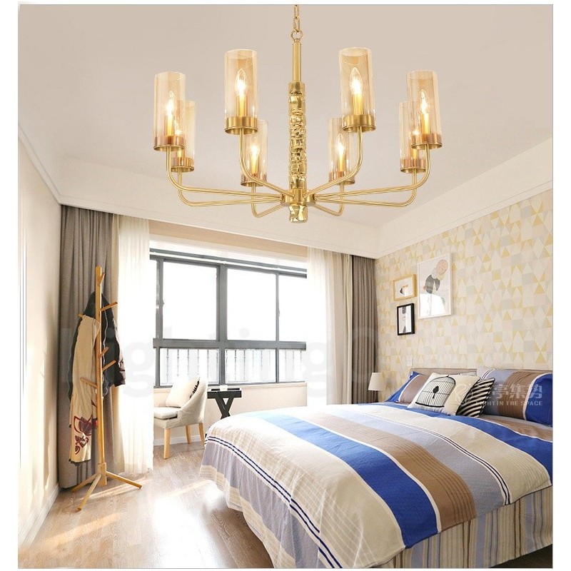 Modern Contemporary 8 Light Brass Chandelier with Glass Shade