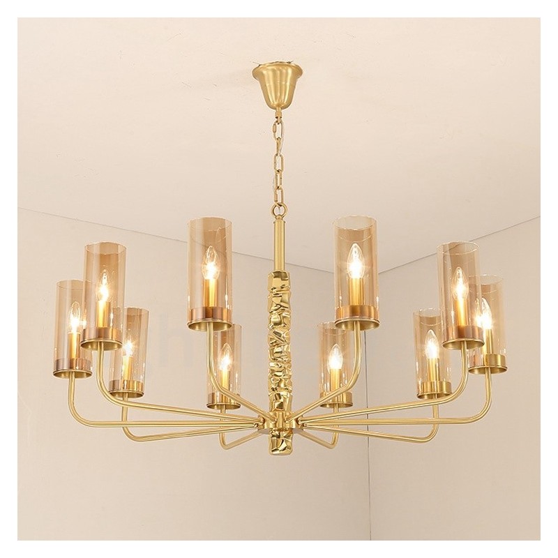 Modern Contemporary 10 Light Brass Chandelier with Glass Shade