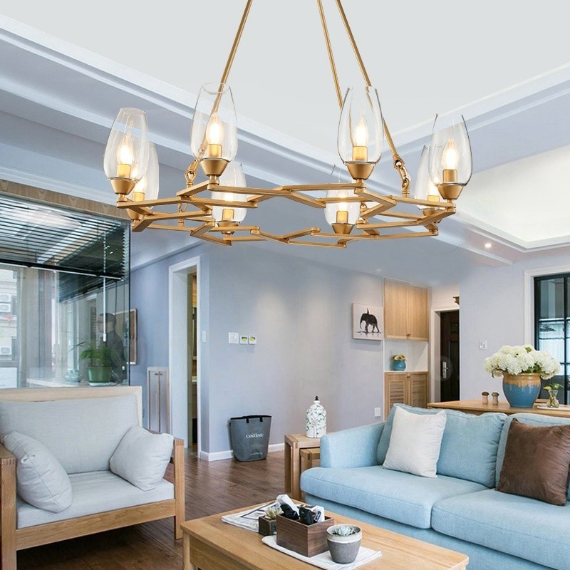 Modern Contemporary 8 Light Steel Pendant Light with Glass Shade