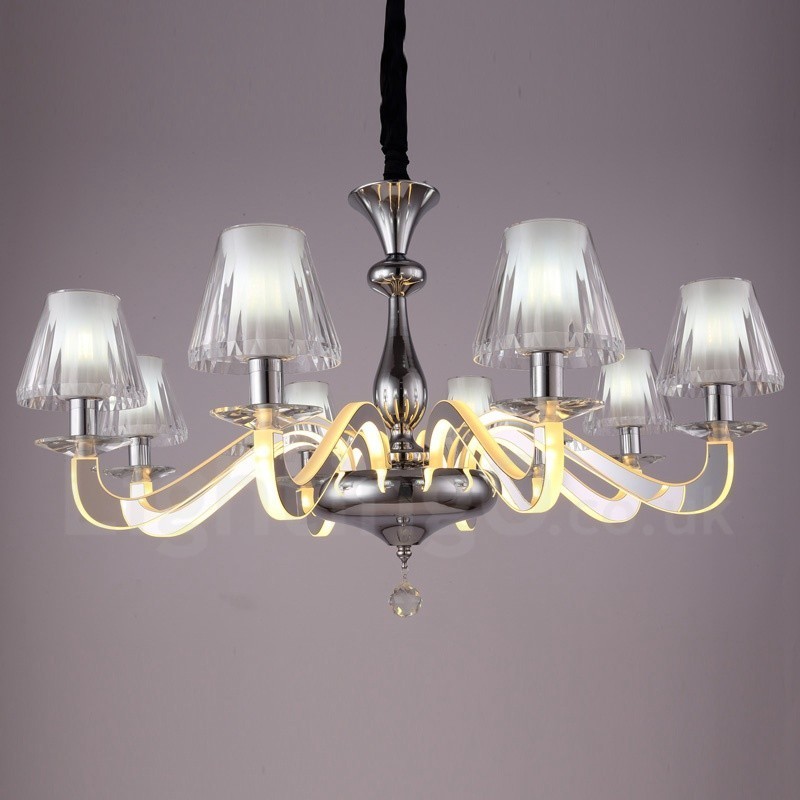 Dimmable Modern Contemporary 8 Light Steel Chandelier with Glass Shade