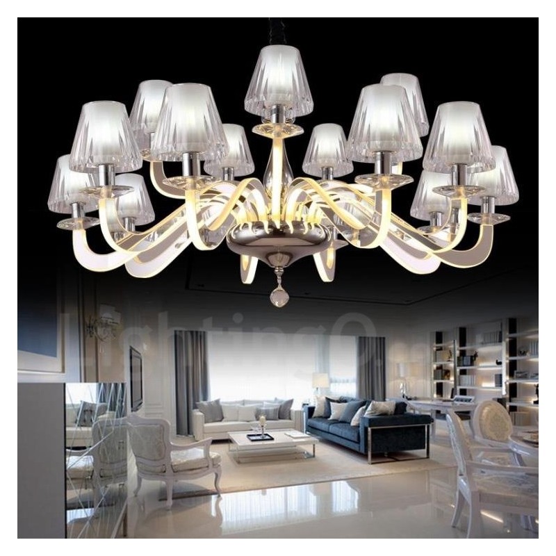 Dimmable Modern Contemporary 15 Light Steel Chandelier with Glass Shade