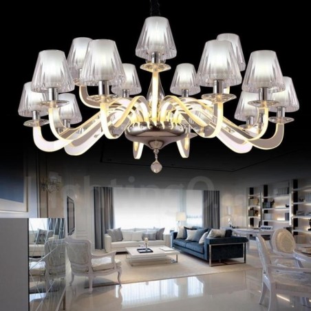 Dimmable Modern Contemporary 15 Light Steel Chandelier with Glass Shade